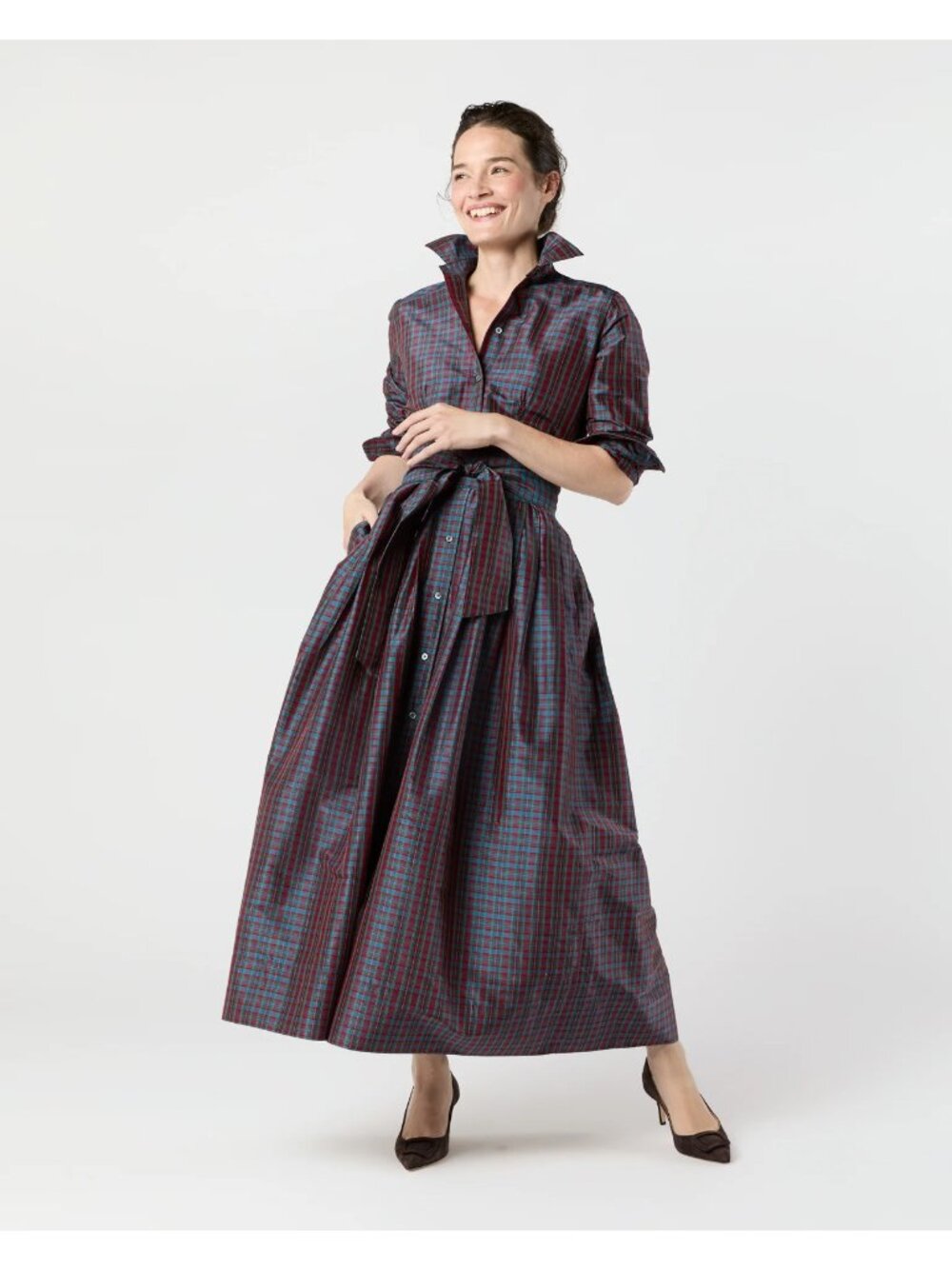 Ann Mashburn Sz L Mini MacBeth Tartan Silk Shantung Shirtwaist Dress Holiday EUC